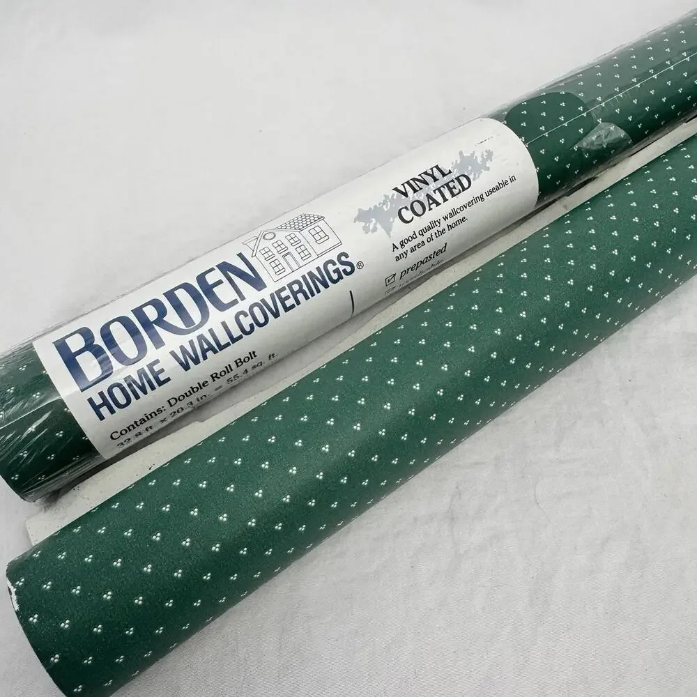 Vintage Borden Home Wallcovering Vinyl Coated Wallpaper Rolls Green White Dots